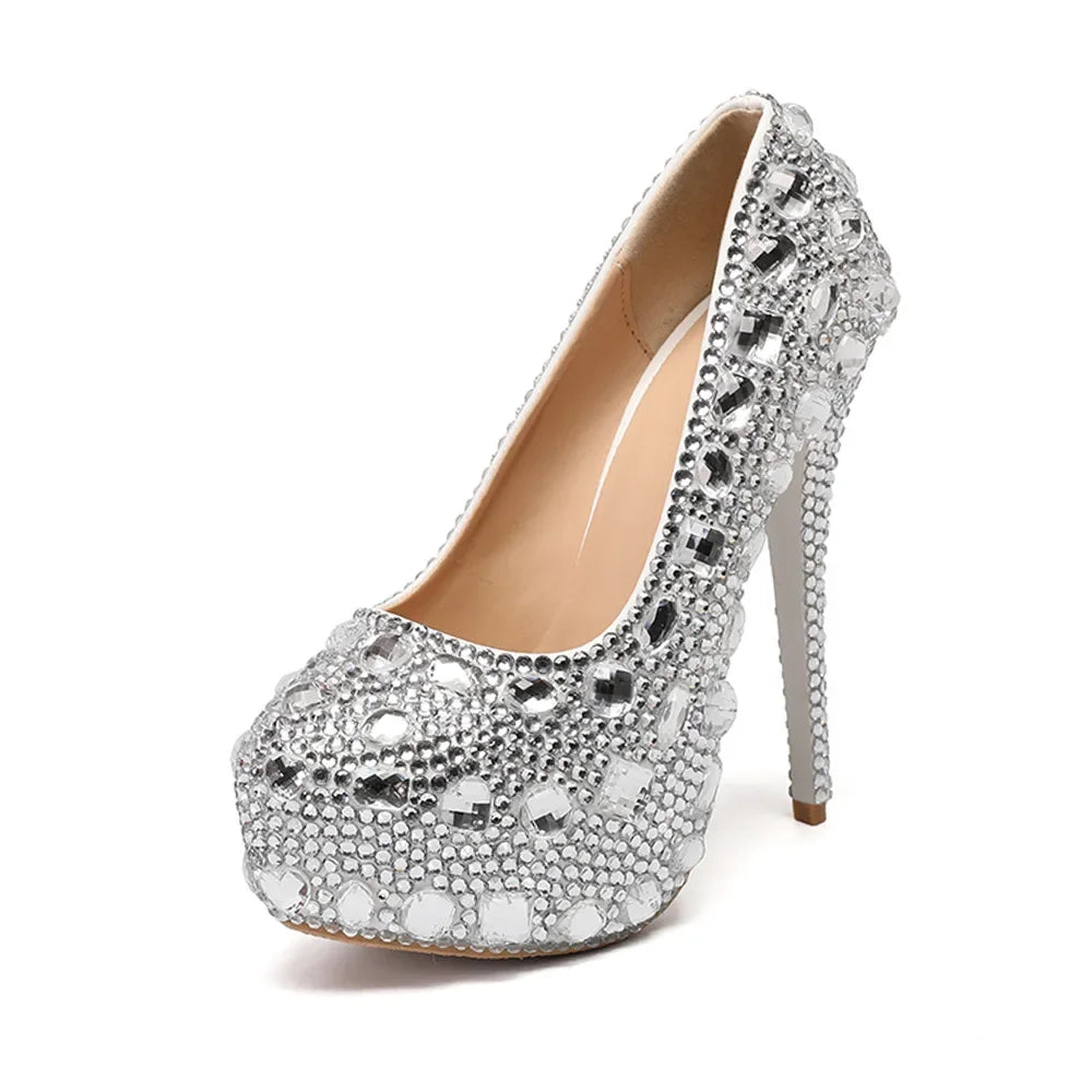 Sexy Fashion Women's Pumps Rhinestone Platform Wedding PU 14CM Thin Heels Round Toe Shallow Party Blue Pole Dancing Woman Shoes