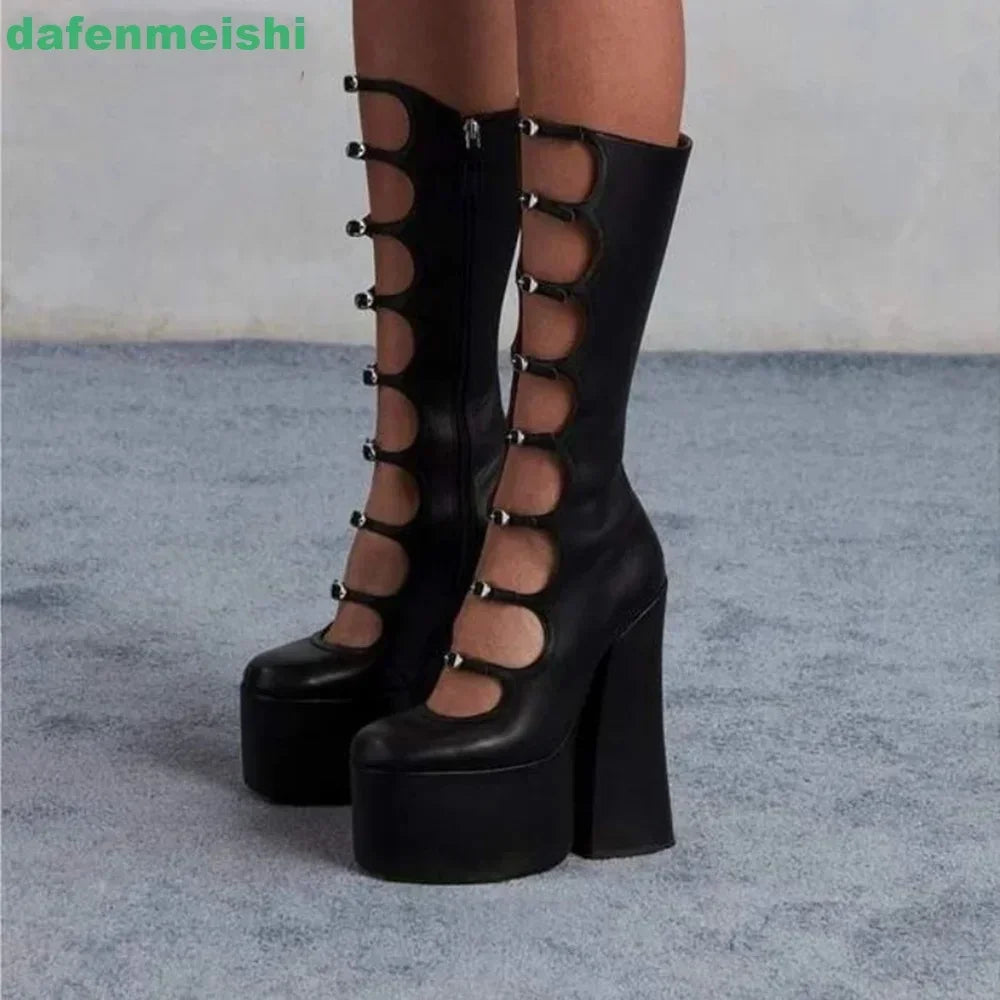 2026 New Hollow Mid-Calf Boots Platform Zipper Square Heel Buckle Strap Women Pole Dance Shoes Fashion Round Toe Sexy Boots
