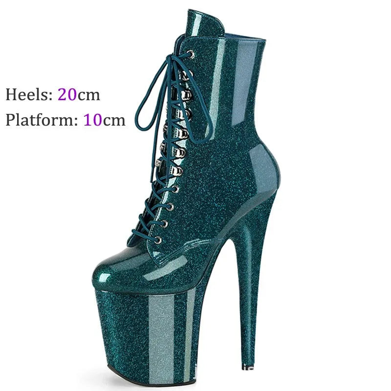 Sparkly material ankle boots, 20 cm high heels pole dancing thick platform sexy nightclub runway boots