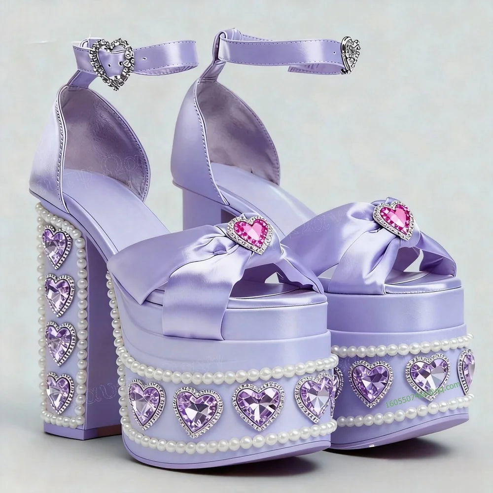 Pink Crystal Heart Decor Platform Pumps Pearl Decor Chunky Heel Round Toe High Shoes for Women Heels Shoes Zapatos Para Mujere