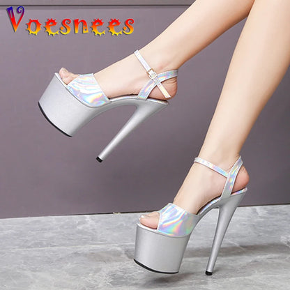 Women Sexy Show Sandals 15 17 20CM High Heels Sexy Platform Laser Color Sandals Girls Shoe for Party Club Striptease Shoes