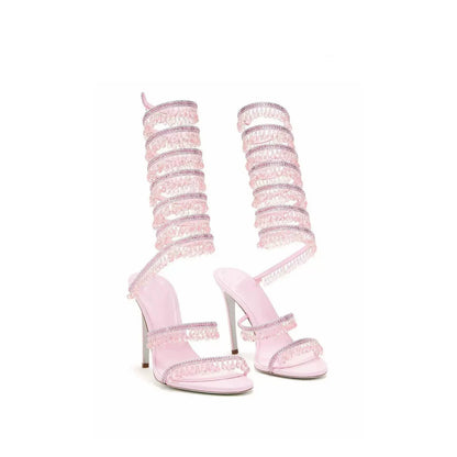Thin high-heeled sandals summer new snake-shaped wrapped crystal pendant fringed rhinestone shoes banquet large-size women shoes