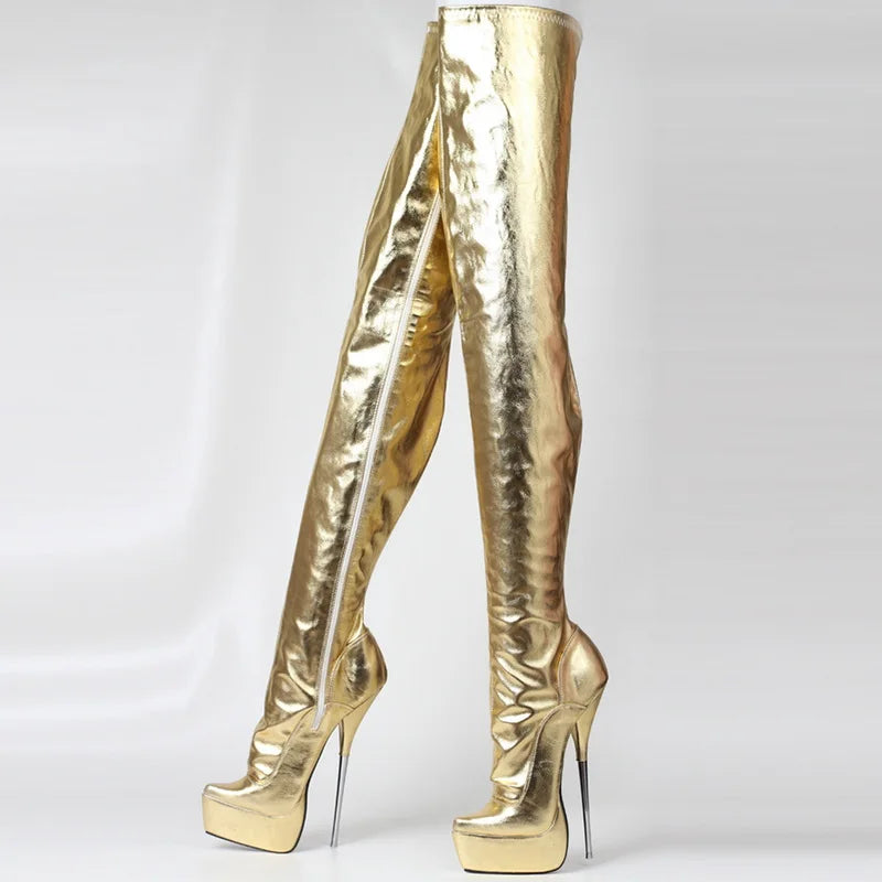 Women Thigh High Boots,Sexy 21cm Stiletto Metal Heel,Platform Long Botas,Unisex Pole Dancing Shoes,Side Zip,Gold,Custom Colors