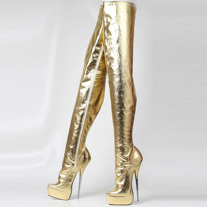 Women Thigh High Boots,Sexy 21cm Stiletto Metal Heel,Platform Long Botas,Unisex Pole Dancing Shoes,Side Zip,Gold,Custom Colors