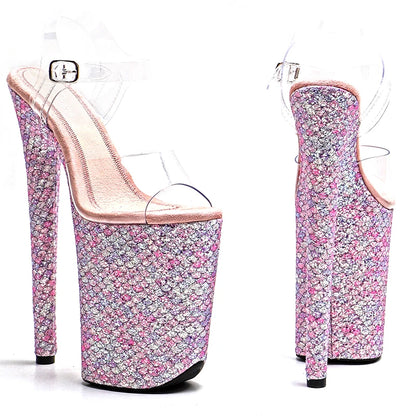 Leecabe 23CM/9inches Clear PVC upper glitter material cover  Platform  High Heels Sandals party stripper heel Pole Dance shoes