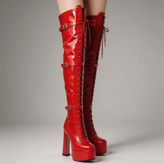 JIALUOWEI Gothic Women Lace Up Platform High Block Heel Punk Combat Thigh High Riding Boots
