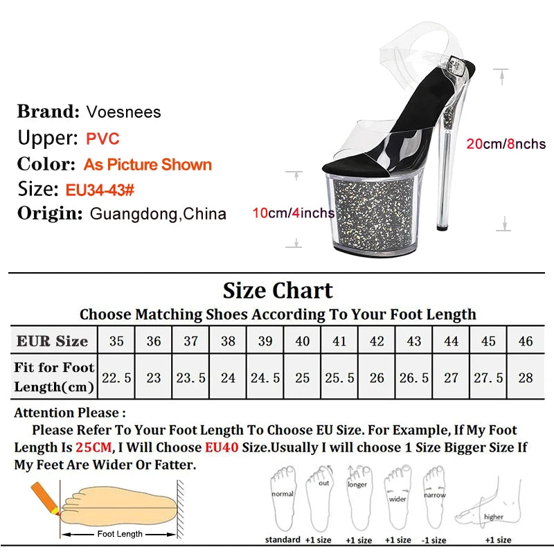 Summer New Transparent Sandals 17CM 20CM Thin Heels Women's Sequined Crystal Platform High Heels Nightclub Pole Dance Shoes 43
