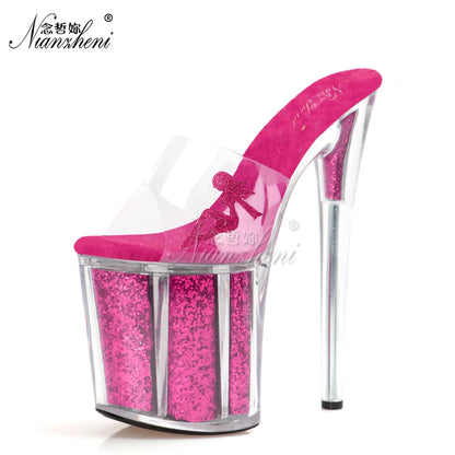 8 Inches Strip Platform Slippers Pole Dance Thin Heels Nightclub Models Women exotic CrossDress Party Rhinestone Peep Toe walk