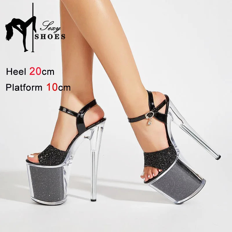Luxury Golden Sandals Women's Platform High Heels 8 Inch Fashion Sequined Pole Dance Shoes 20CM Crystal Heel Runway Shoes Female