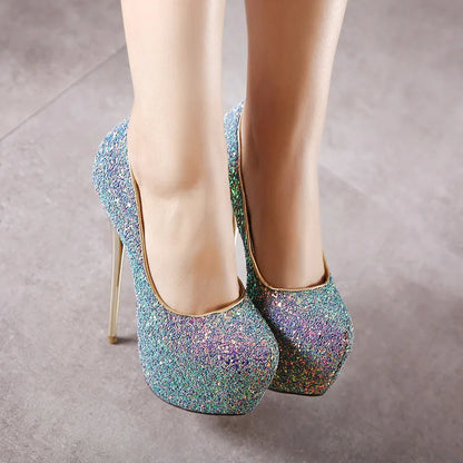 Spring Sexy Platform Shallow Shoes Woman Pumps Round Head Bling Sequins Slip-On Ultra Thin High Heels Party Wedding Shoe Zapatos