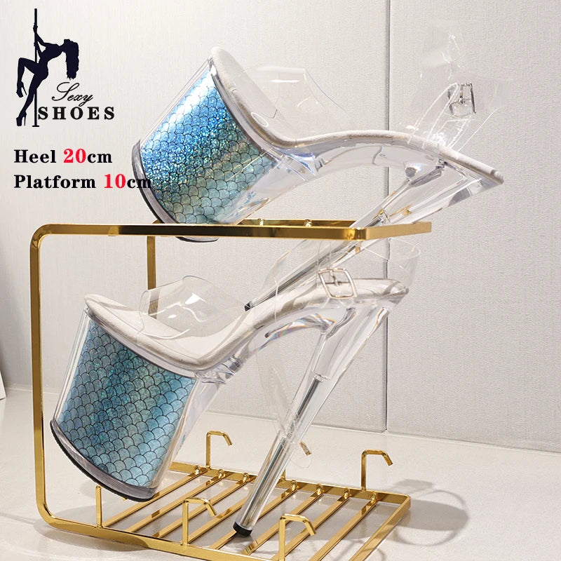 New Leopard Print Crystal Transparent Bling Women Sandals Dress Pole Dance Antiskid Shoes Platform Buckle High Heels Party Shoes