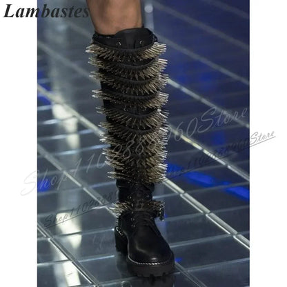 Runway Knee High Black Cross Tied Rivet Boots Flat With Shoes For Women Side Zipper Round Toe 2024 Fashionable Zapatillas Mujer