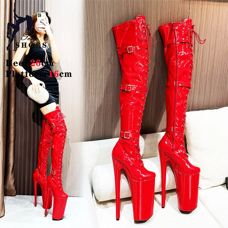 26cm/10Inchs Women Boots Platform High Thin Heels Over The Knee Long Boots Autumn Winter Buckle Pole Dance Catwalk Party Shoes