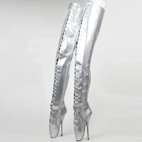 18CM/7 Inch Women Thigh High Ballet Boots,Sexy Pole Dancing Shoes,Men Cosplay Fetish Corset Dominatrix,Black,White,Silver,Big