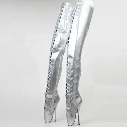 18CM/7 Inch Women Thigh High Ballet Boots,Sexy Pole Dancing Shoes,Men Cosplay Fetish Corset Dominatrix,Black,White,Silver,Big