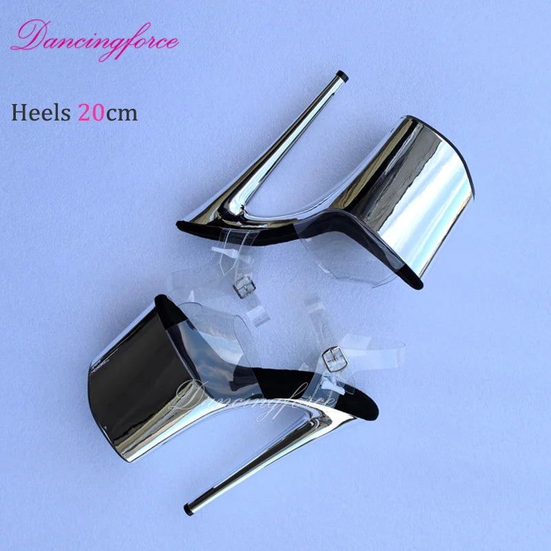 20CM/8inches Sexy  Stripper Chrome Platform Steel Pipe Exotic Pole Dance Sandals Fashion Crystal TPU Women's Shoes Summer