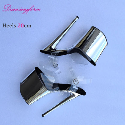 20CM/8inches Sexy  Stripper Chrome Platform Steel Pipe Exotic Pole Dance Sandals Fashion Crystal TPU Women's Shoes Summer