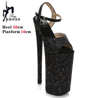 26CM/10Inchs Shiny Crystal PU High Heels Ultrahigh Heel Stripper Slippers Sandals Pole Dance Shoes Party Models Stage Show Shoes