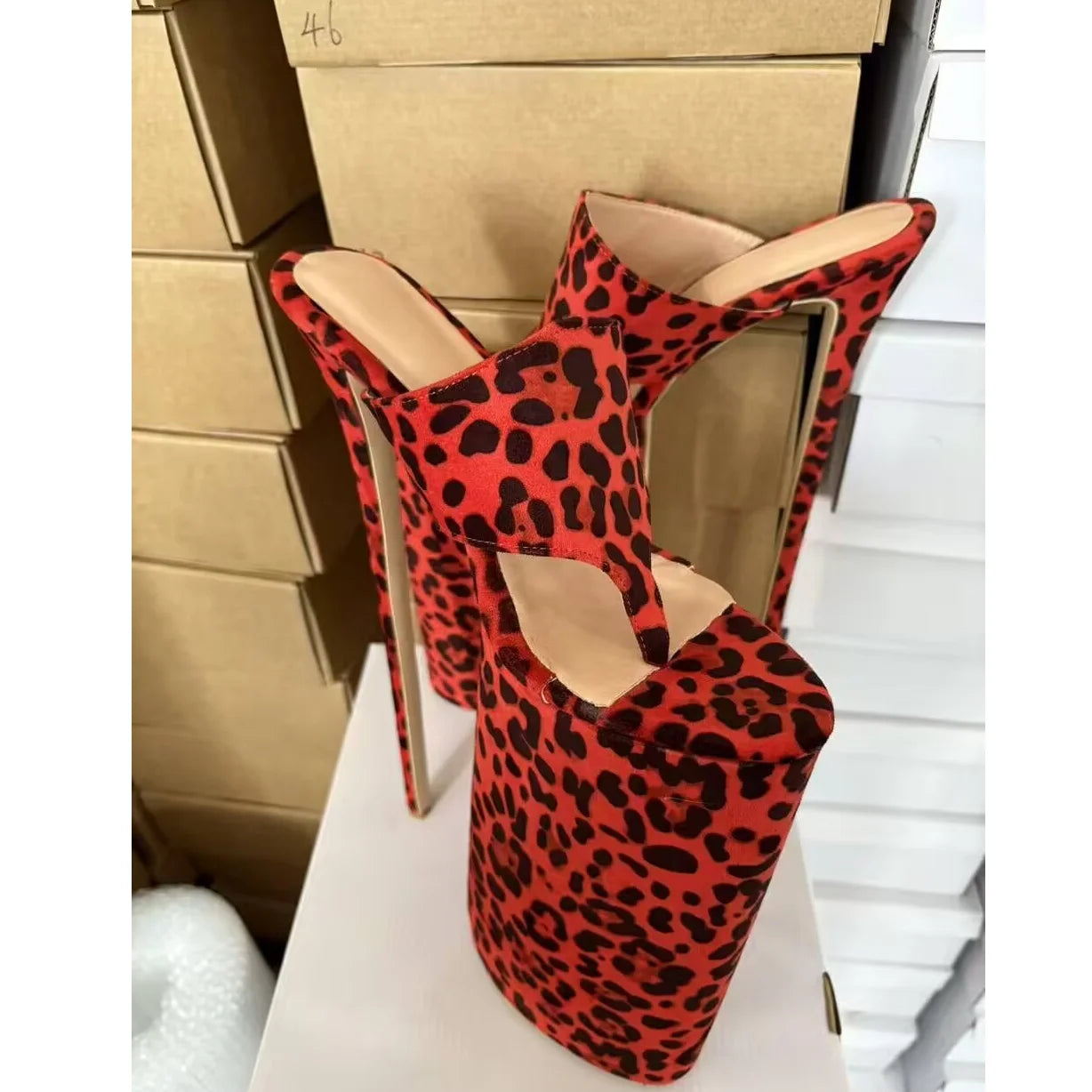 Leopard Slip On Hollow Platform Sandals Pointed Toe Thin High Heel Fashion Summer Casual Big Size Woman Shoes Zapatillas Mujer