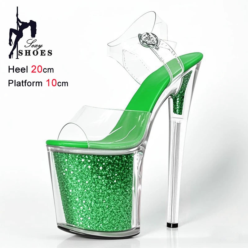 20CM/8inche Exotic Stripper High Heel Sandals Transparent Upper Glitter Stiletto Heels Pole Dancing Women Shoes Sequin Platform
