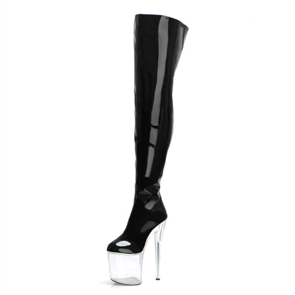 Sexy Punk Pole Dance Over The Knee Boots 8 Inch High 20cm Stripper Heels Long Fetish Shoes Gothic Combat Platform Women's Black