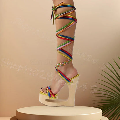 Black Knitted Strap Wooden Strange Style Heels Sandals Lace Up Women Shoes Open Toe New Party Banquet 2026 Zapatos Para Mujere