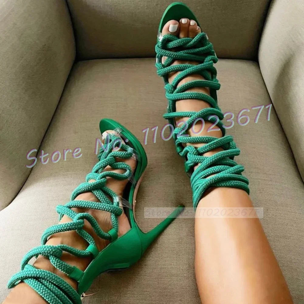 White Gladiator Rope Sandals Women Trends High Heels Cross Tied Open Toe Shoes Female Summer Outfit Lace-up Roman Dress Sandals