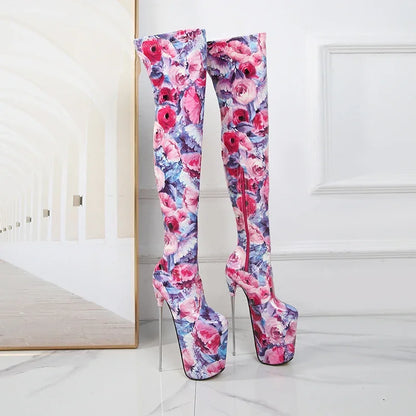 SDTRFT Ladylik SM Shoes Pole Dancing 20cm Thin Heels Stilettos Over The Knee Long Boots Platform Women Pumps Printed Botas Mujer