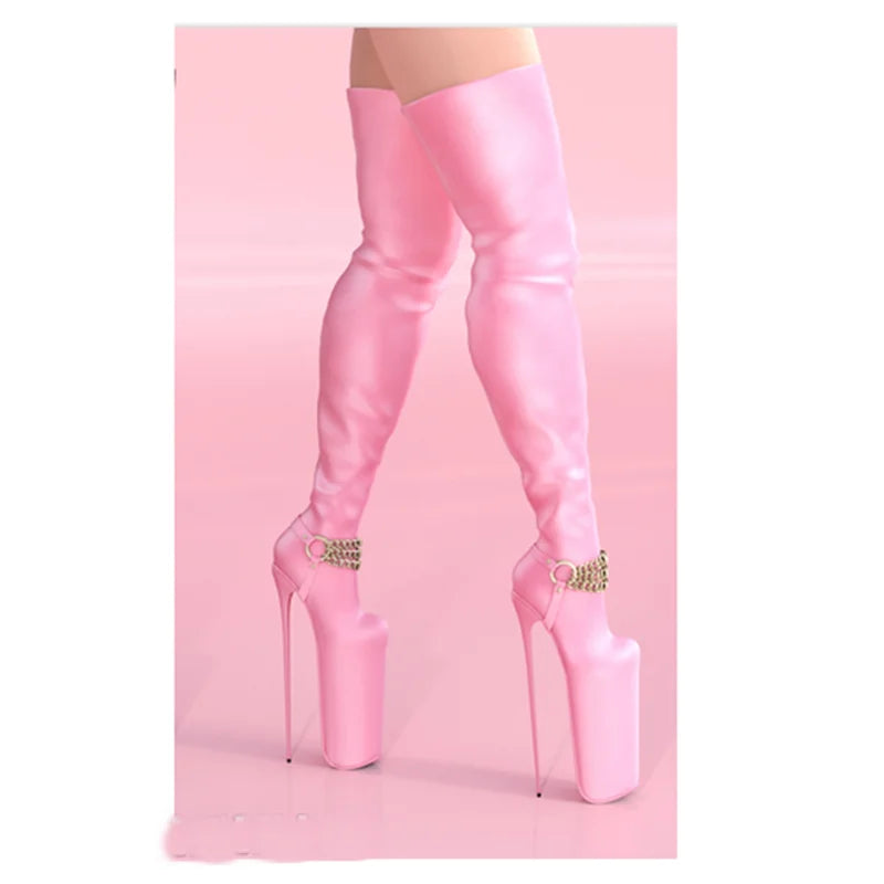 Black Chain Platform Over Knee High Boots Thin High Heel Fashionable Sexy Cool Western Winter Woman Shoes Zapatillas Mujer