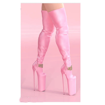 Black Chain Platform Over Knee High Boots Thin High Heel Fashionable Sexy Cool Western Winter Woman Shoes Zapatillas Mujer
