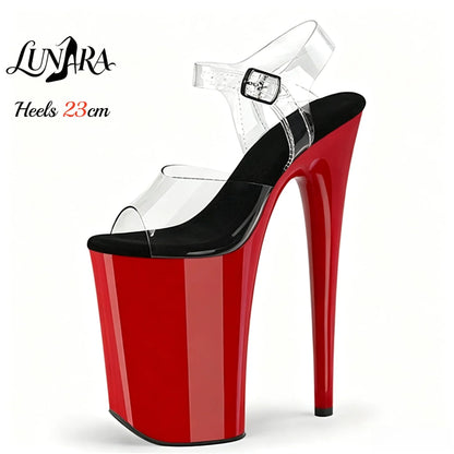 Womens 23cm/9Inch Blue Clear Ankle Strap Buckle Open Toe Platform Stiletto Sandal Stripper  Pole dance Runway Nightclub Raves