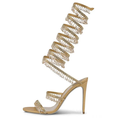 Thin high-heeled sandals summer new snake-shaped wrapped crystal pendant fringed rhinestone shoes banquet large-size women shoes