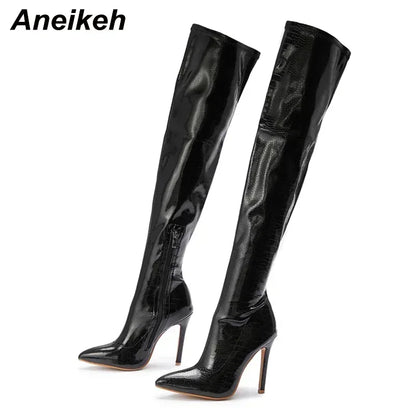Aneikeh NEW Fashion Striped 11CM Thin Heels Ladies Boots 2026 Spring Sexy Over-the-Knee Side Zipper Slip-On Pointed Toe Shoes
