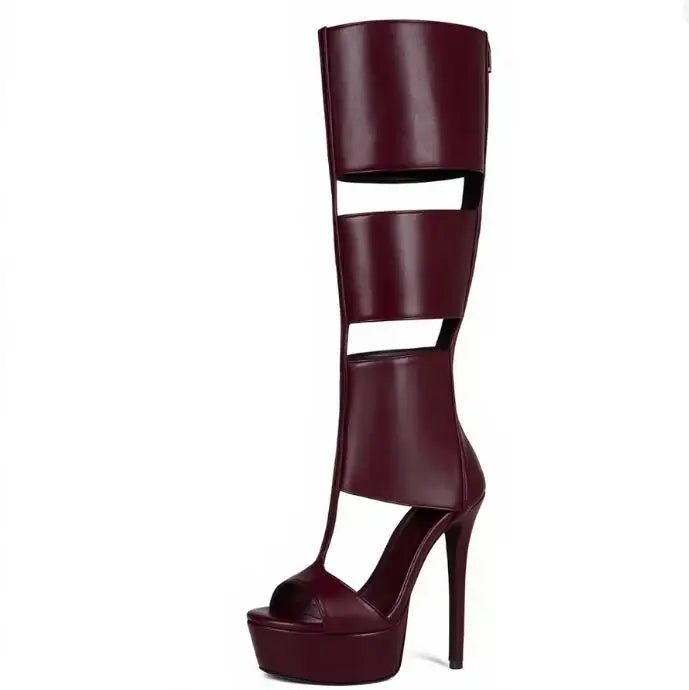 Super Platform Knee Sandal Boots Women Caged Thick T-Strap Gladiator Open Toe Back Zipper Summer Cutout Botas Lady Shoes