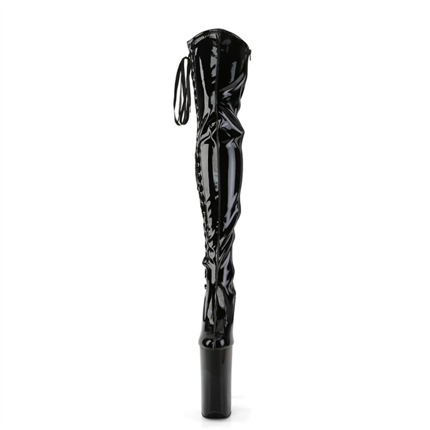 23CM EXTREME HEEL Pole Dance Boots - SHINY Black Patent Leather Over Knee Stiletto with Studded Lace-Up(Professional Stage Wear)