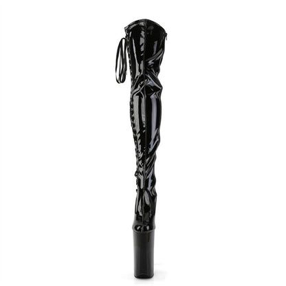 23CM EXTREME HEEL Pole Dance Boots - SHINY Black Patent Leather Over Knee Stiletto with Studded Lace-Up(Professional Stage Wear)