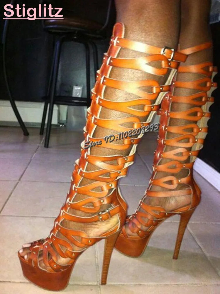 Retro Brown Hollow Knee-high Sandals Open Toe Cross-tied Platform High Heels 2026 Summer Fashion New Roman Party Women Shoes