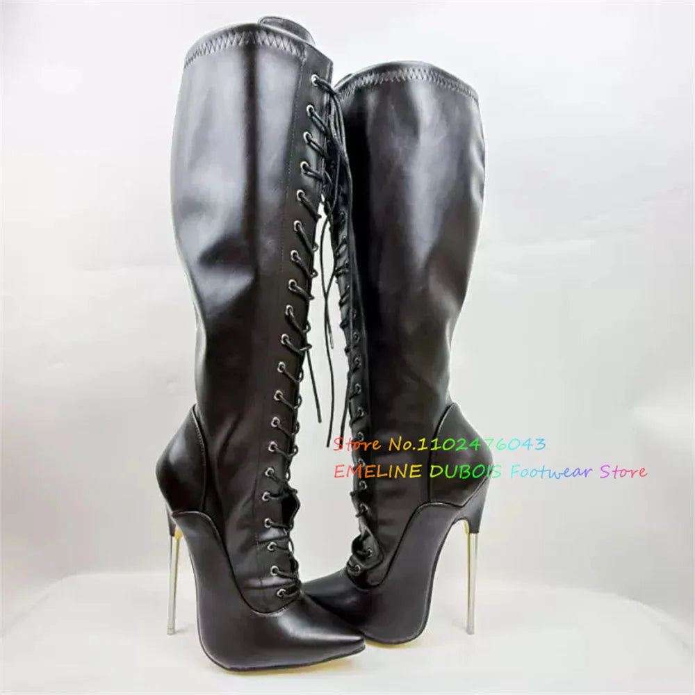 18cm Heel Stiletto Women Knee High Boots Patent Leather Pole Dancing Side Zip Lace Up Metal High Heel Sexy Knee High Boot