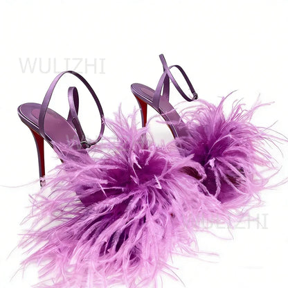 Gradient Romantic Purple Feather Tassel Sandals Women Plush Silk Stiletto Heels Round Toe Open Red Ankle Buckle Sexy Dress Shoes