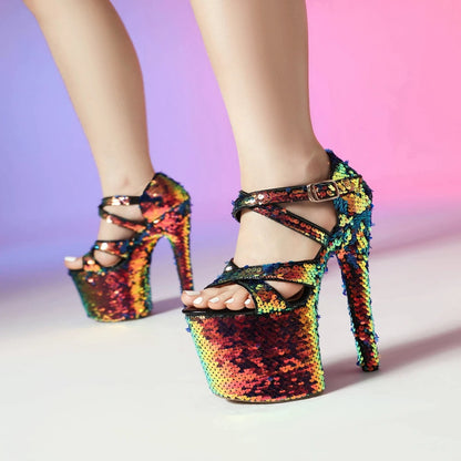 Women Sandals Shine Fine High Heels Open Toe Sexy Party Dress Wedding Shoes Bridal Cross Buckle Dance Platform Sandals 197-3