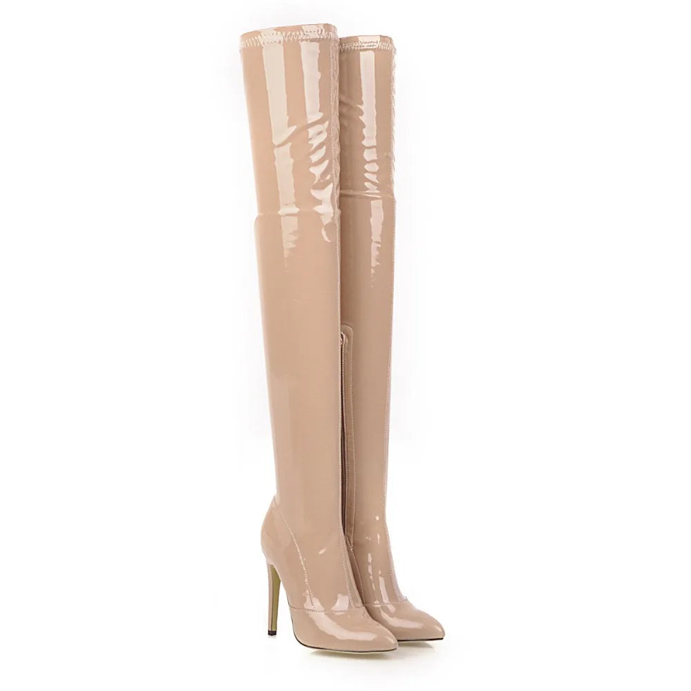Sgesvier Plus Size 49 Thigh High Boots Women Sexy Patent Leather Stretch Shoes Women Zipper Dance Pole Jazz Slim Long Boots