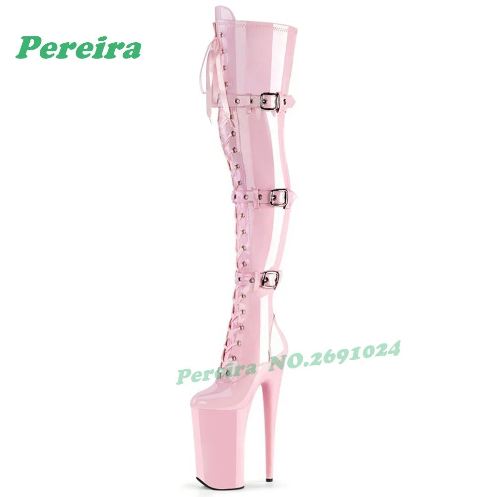 Sage Green Patent Leather Thigh High Boots Platform Pole Dance Stilettos Buckle Women's Long Boots Lace-Up Glossy Nightclub Shoe