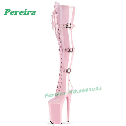Sage Green Patent Leather Thigh High Boots Platform Pole Dance Stilettos Buckle Women's Long Boots Lace-Up Glossy Nightclub Shoe