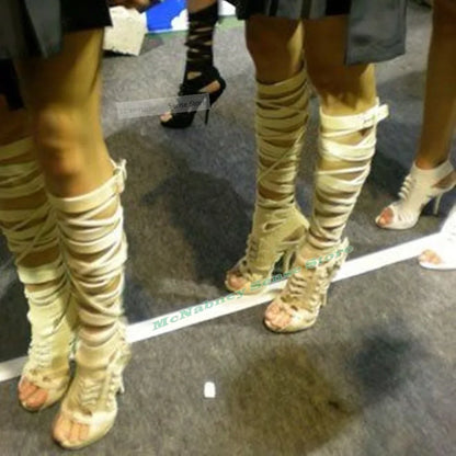 Straps Hollow Leather Sandals Open Tos Solid Stiletto Heels Knee High Sandals Boots Zipper Women Sexy Shoes Summer Party Design