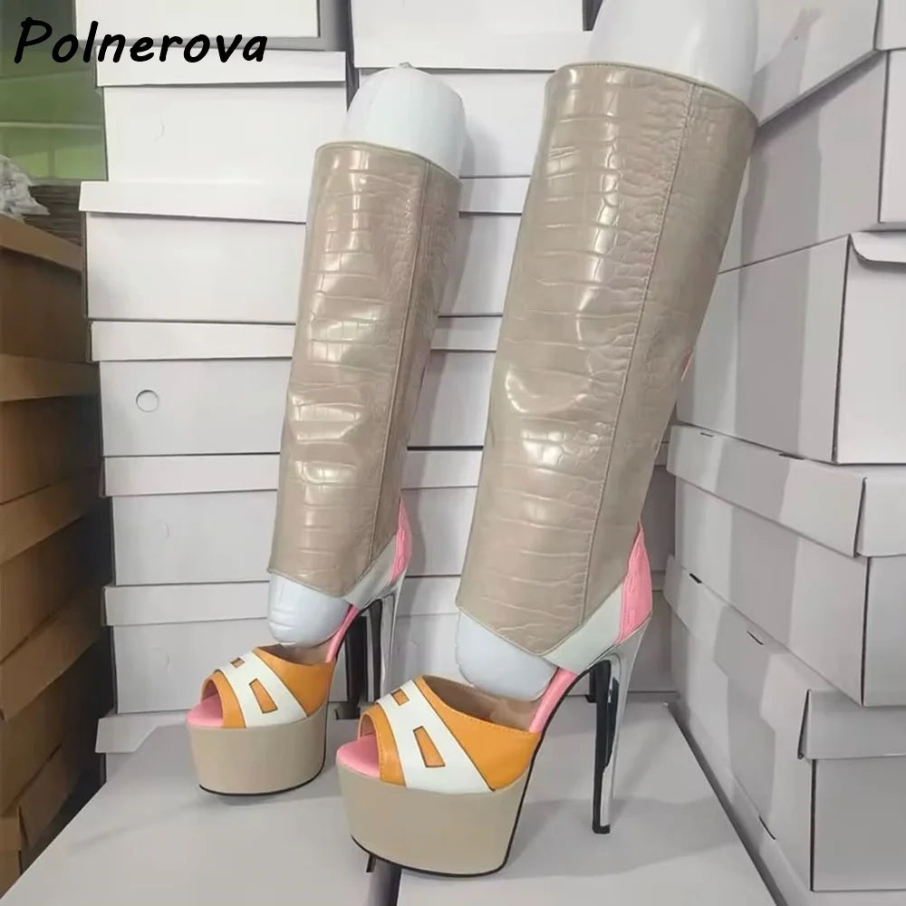 Platform Peep Toe Sandals Boots Patchwork Leather Hollow Fashion Thin Heels Summer Shoes Women's Sexy Mixed Color Shoes 2025