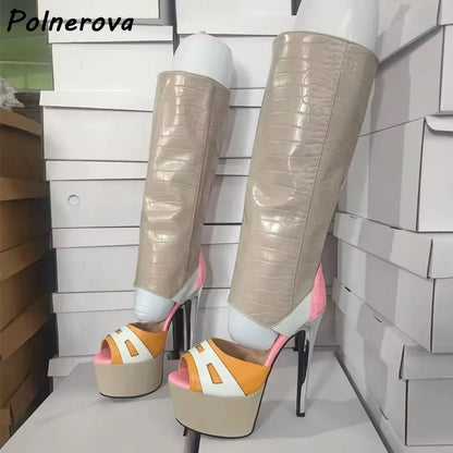 Platform Peep Toe Sandals Boots Patchwork Leather Hollow Fashion Thin Heels Summer Shoes Women's Sexy Mixed Color Shoes 2025