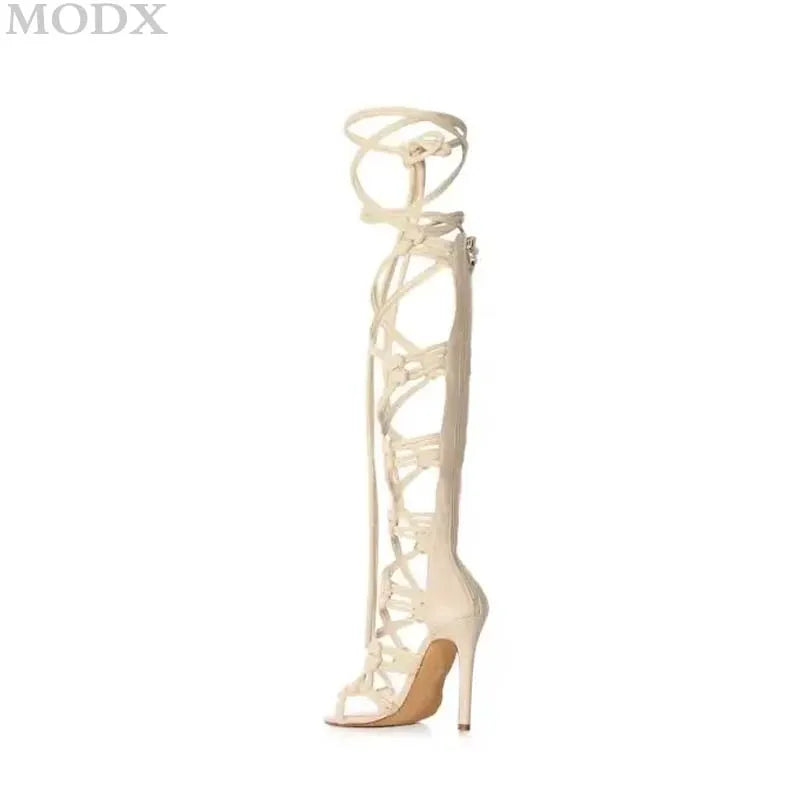 Cut-outs Thin High Heels Knot Rope Designer Knee High Sandals Boots Sexy Ankle Wrap Cross Strap Stiletto Gladiator Sandal Women