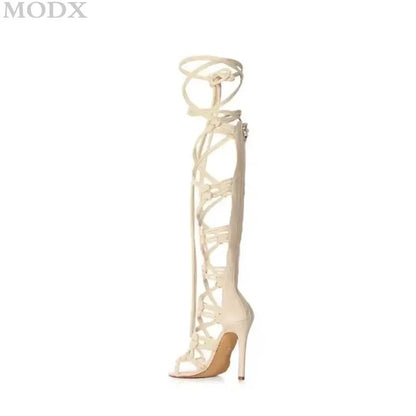 Cut-outs Thin High Heels Knot Rope Designer Knee High Sandals Boots Sexy Ankle Wrap Cross Strap Stiletto Gladiator Sandal Women