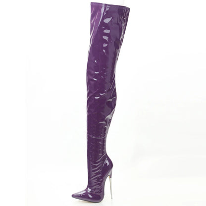 jialuowei Crotch Boots with Stiletto Heels Women Winter Boots Patent Leather Black Stretch Thigh High Boots Plus Size