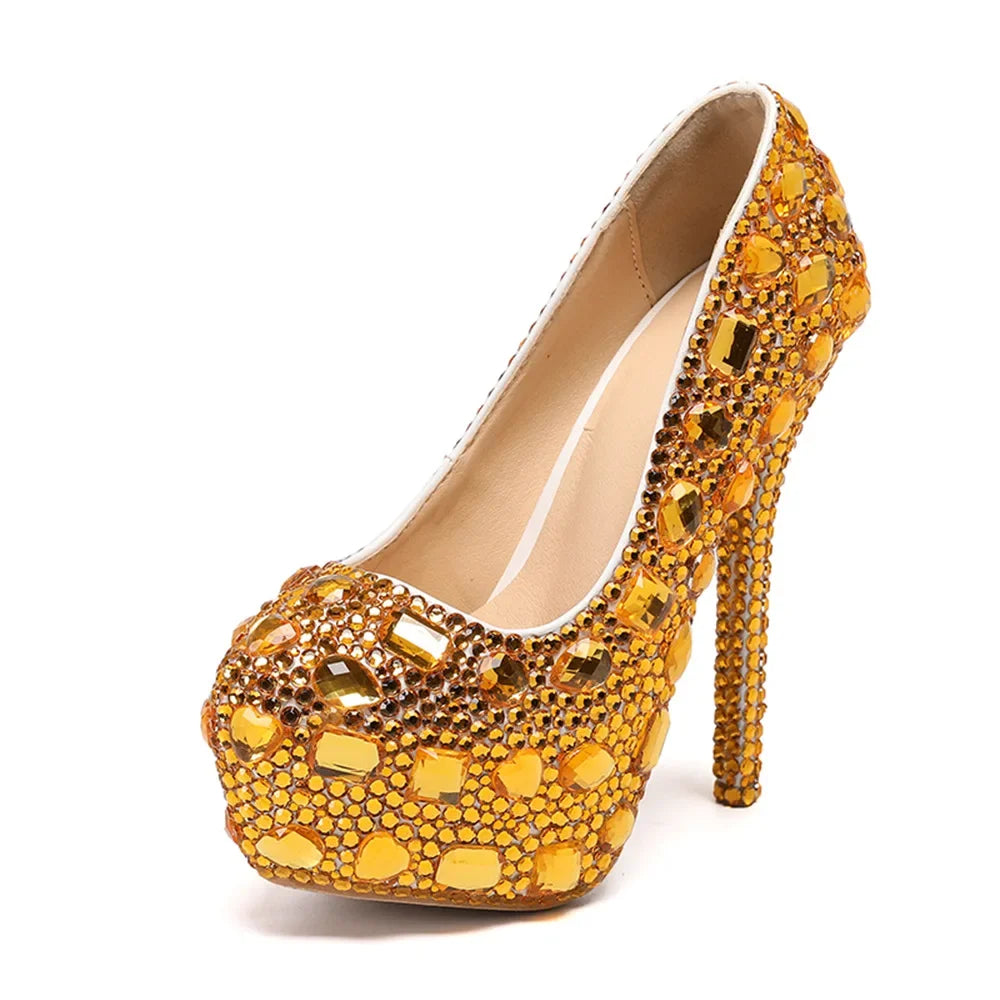 Sexy Fashion Women's Pumps Rhinestone Platform Wedding PU 14CM Thin Heels Round Toe Shallow Party Blue Pole Dancing Woman Shoes